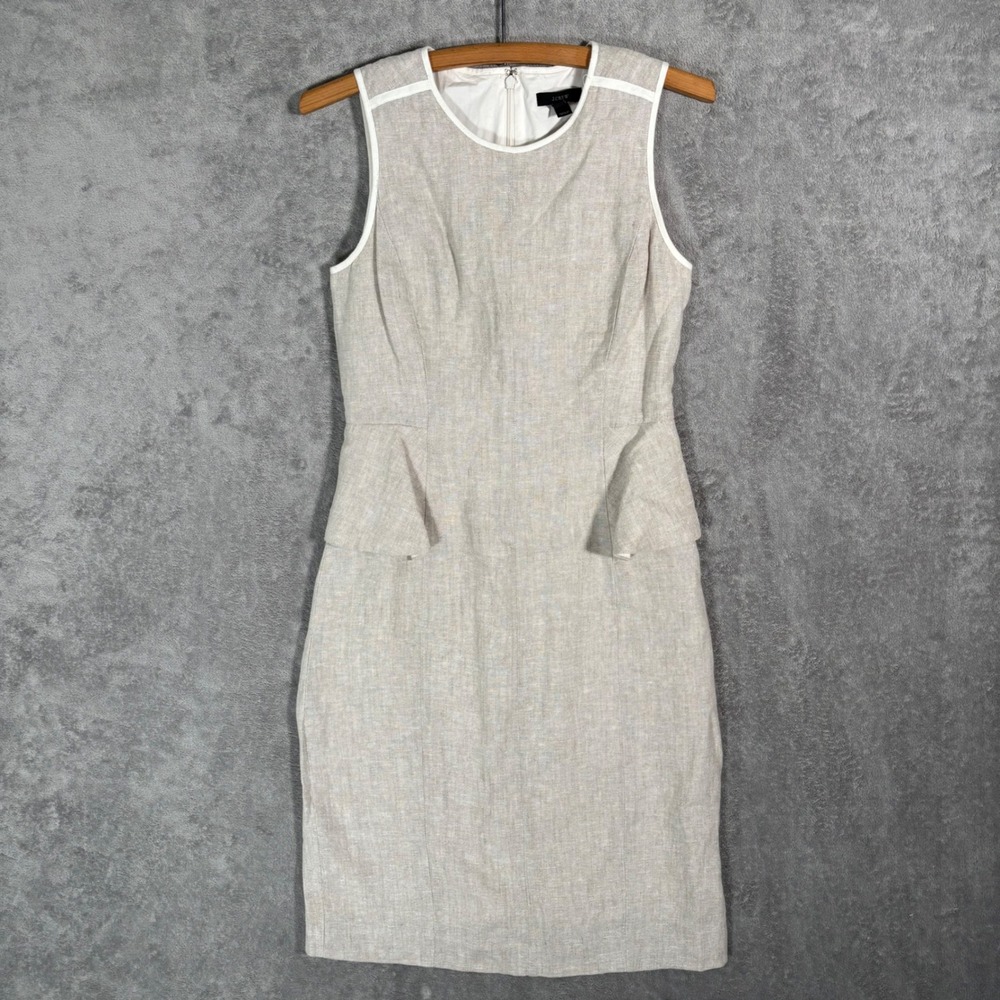 J.Crew Linen Peplum Sheath Dress‎ Oatmeal Beige Flax Burlap Ivory Trim Size 4